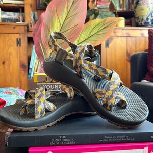 Grey and Yellow Chacos “Quilt Golden”